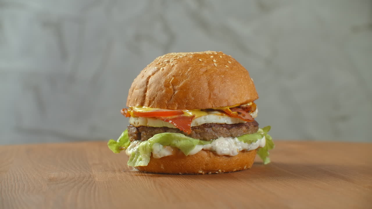 gran hamburguesa con carne de res, chuleta, tomates, setas y pepinos con queso derretido gira en una tabla de madera sobre un fondo claro.