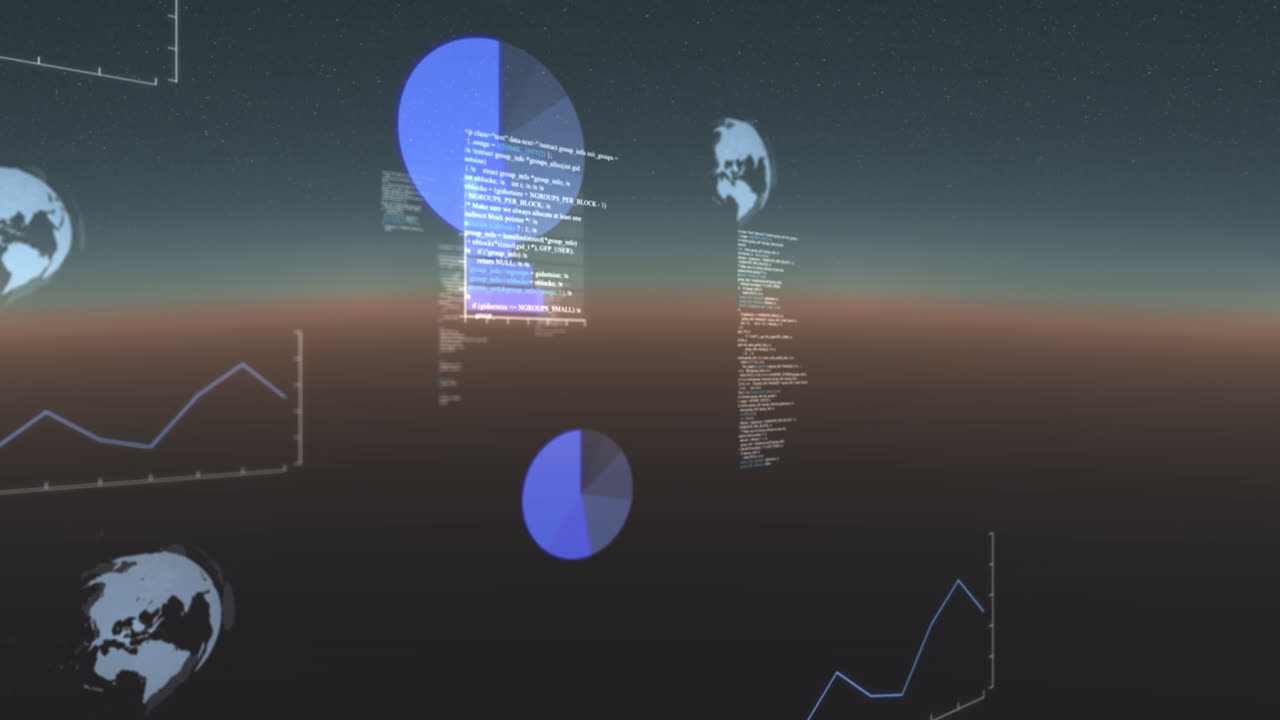 Animation of data processing, globes spinning and statistics recording on gradient background