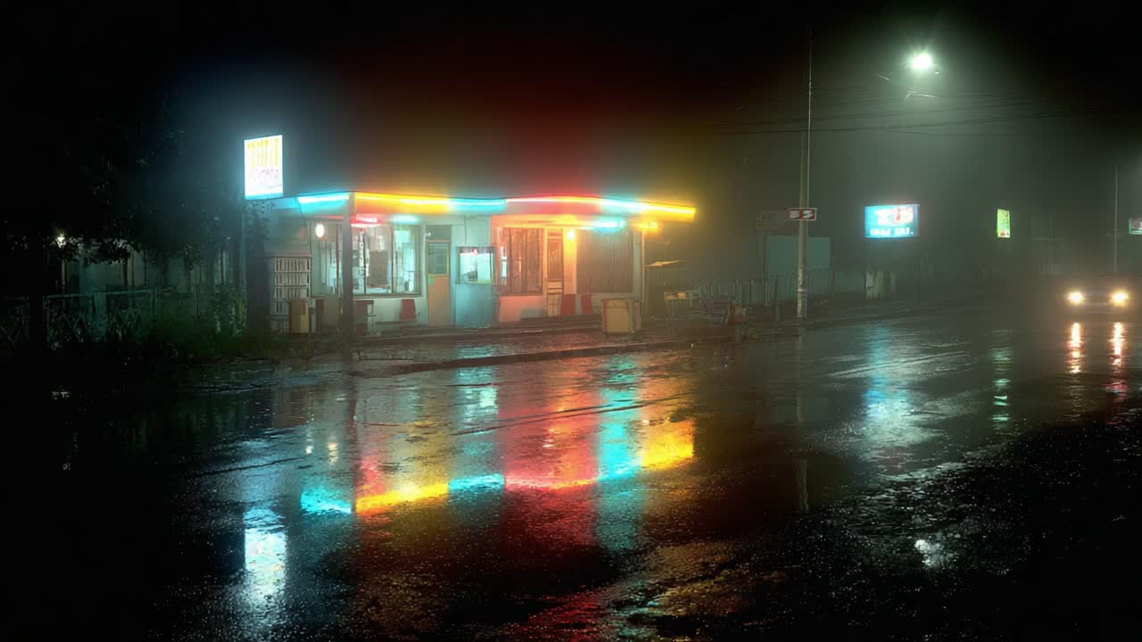 A Captivating Scene of a Lighted Storefront on a Rainy Night, Illuminated by Vibrant Neon Colors Reflecting in the Water-logged Street, Creating an Enigmatic Atmosphere