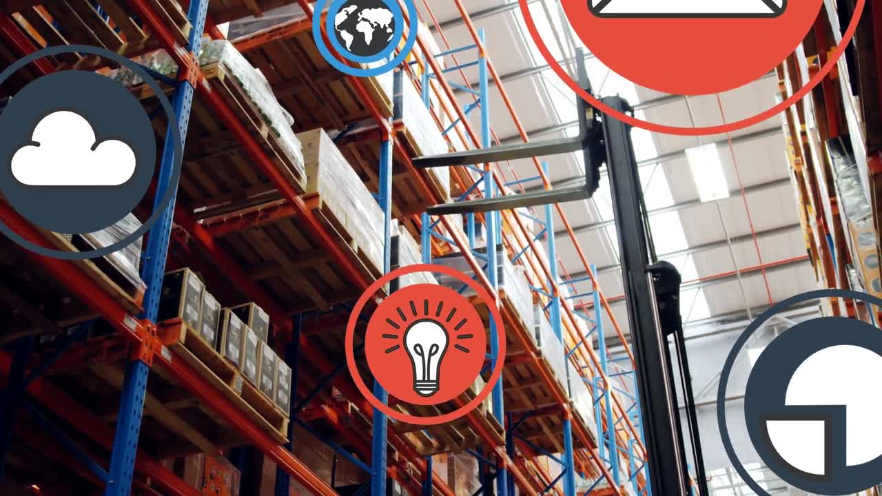 animación de iconos tecnológicos flotando sobre el almacén