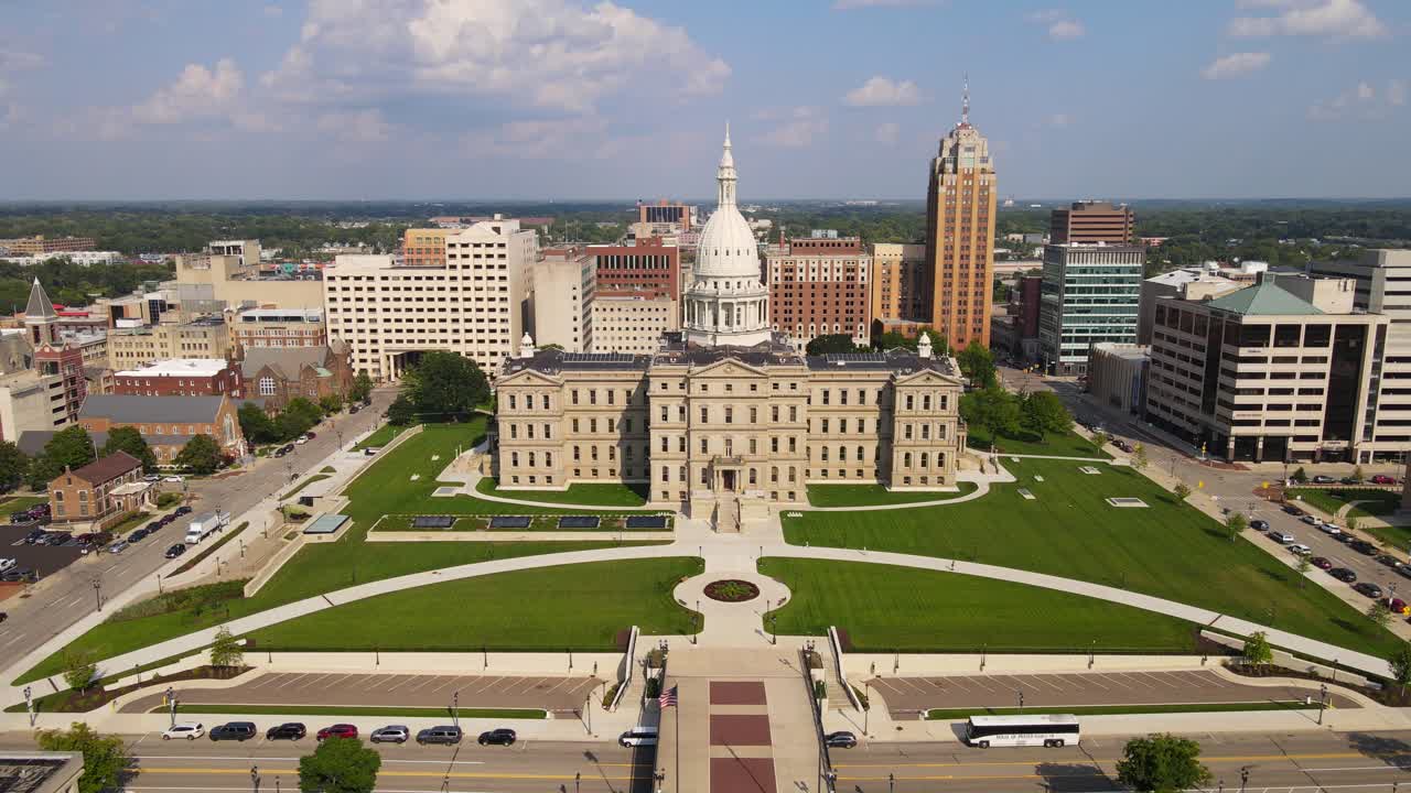 Aerial view of Michigans State Capital building located in downtown Lansing