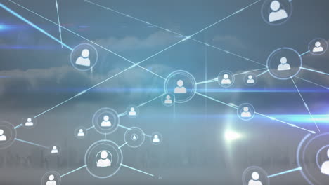 animation of network of profile icons against clouds in the blue sky over cityscape