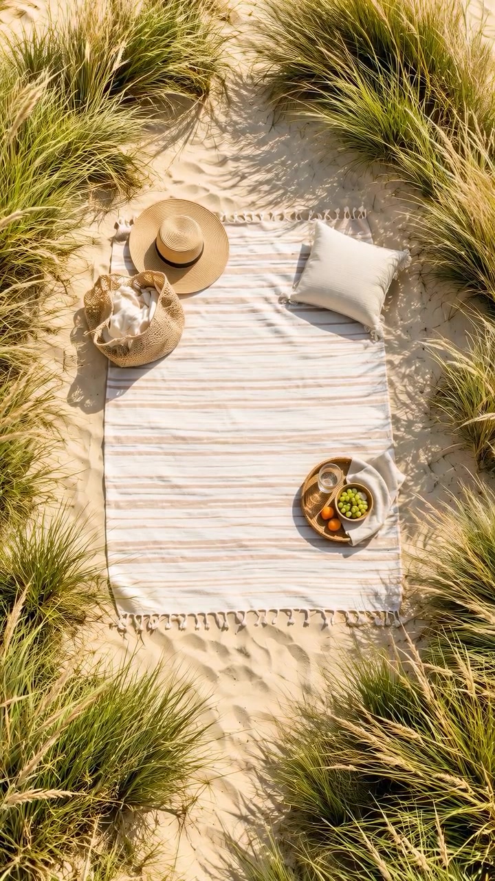 Disposizione di un picnic in spiaggia dall'alto su sabbia soffice delimitata da alta erba delle dune, allestita con coperta a righe, cappello di paglia da sole, borsa intrecciata, cuscino bianco, vassoio di frutta e panno piegato sotto una calda luce dorata.