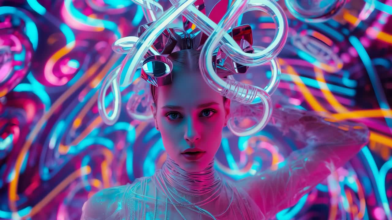 Emerging adult female model showcasing glowing neon headpiece in futuristic studio, with neon glow