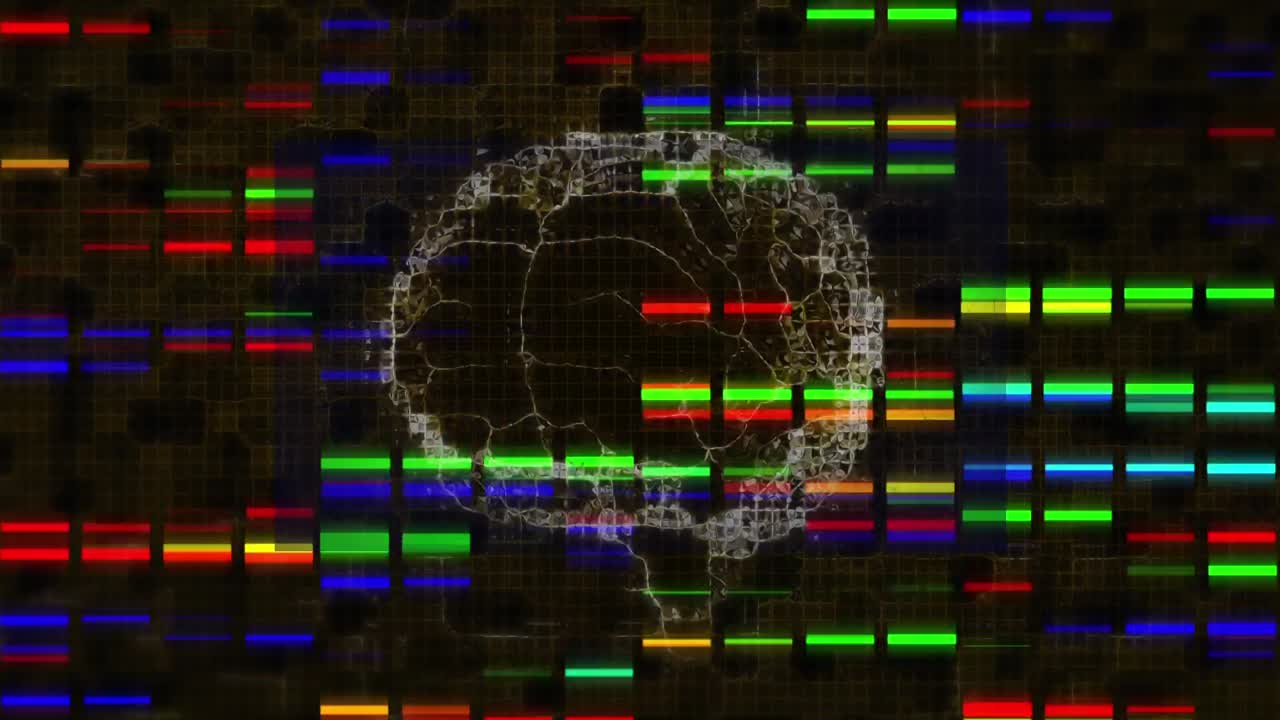 Animation of digital brain over moving columns