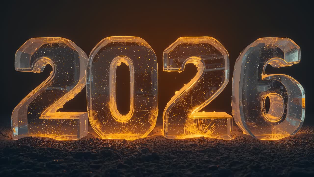 Glowing digits 2026 pulsing from base sparks on studio floor with inner bubbles creating warm glow