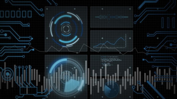 Animation of data processing with scope scanning on black background