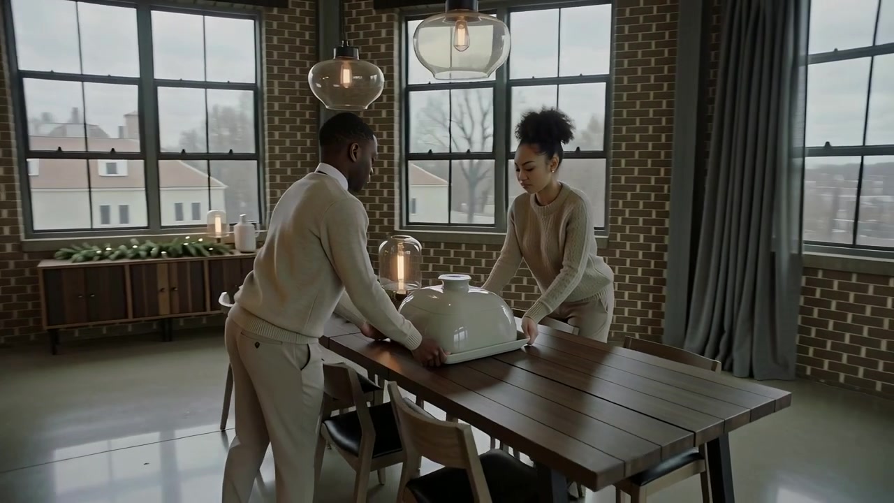 Entering couple in loungewear lifting and placing white dome on wood table arranging holiday wreath