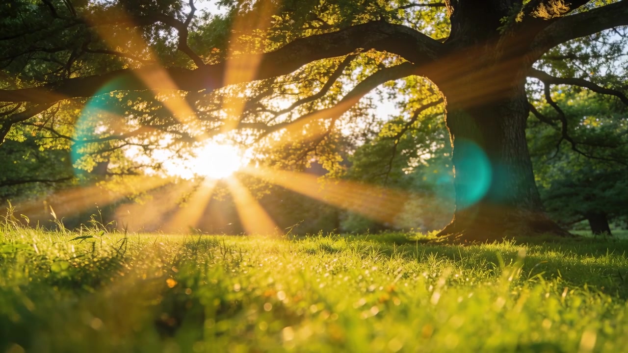 Shifting sun causing sunburst focusing behind big tree in park dewy grass glinting, flare moving