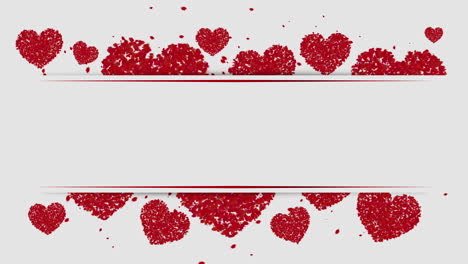moving hearts and red particles on a white background. animated poster with blank empty copy space for text. greeting romantic card.