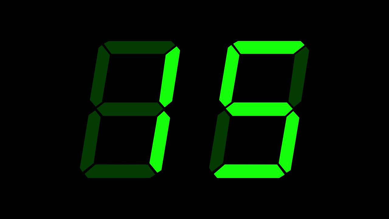 Green digital clockface with 2 digits. 30 seconds digital timer. Clean, green digits on black. Retro digital alarm clock animation element, clean digital clock over black