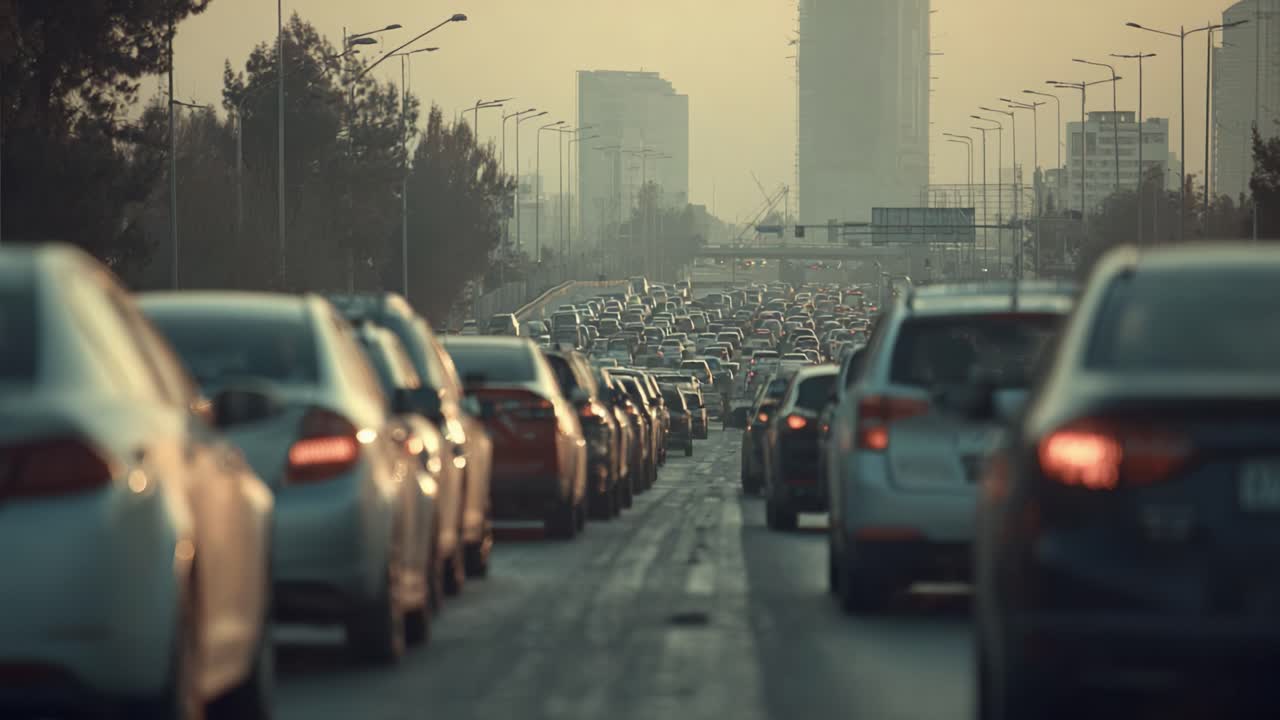 Embouteillage du soir : longue file de véhicules bloqués dans un embouteillage sur une route urbaine animée avec des gratte-ciel lointains et un coucher de soleil brumeux à l’arrière-plan