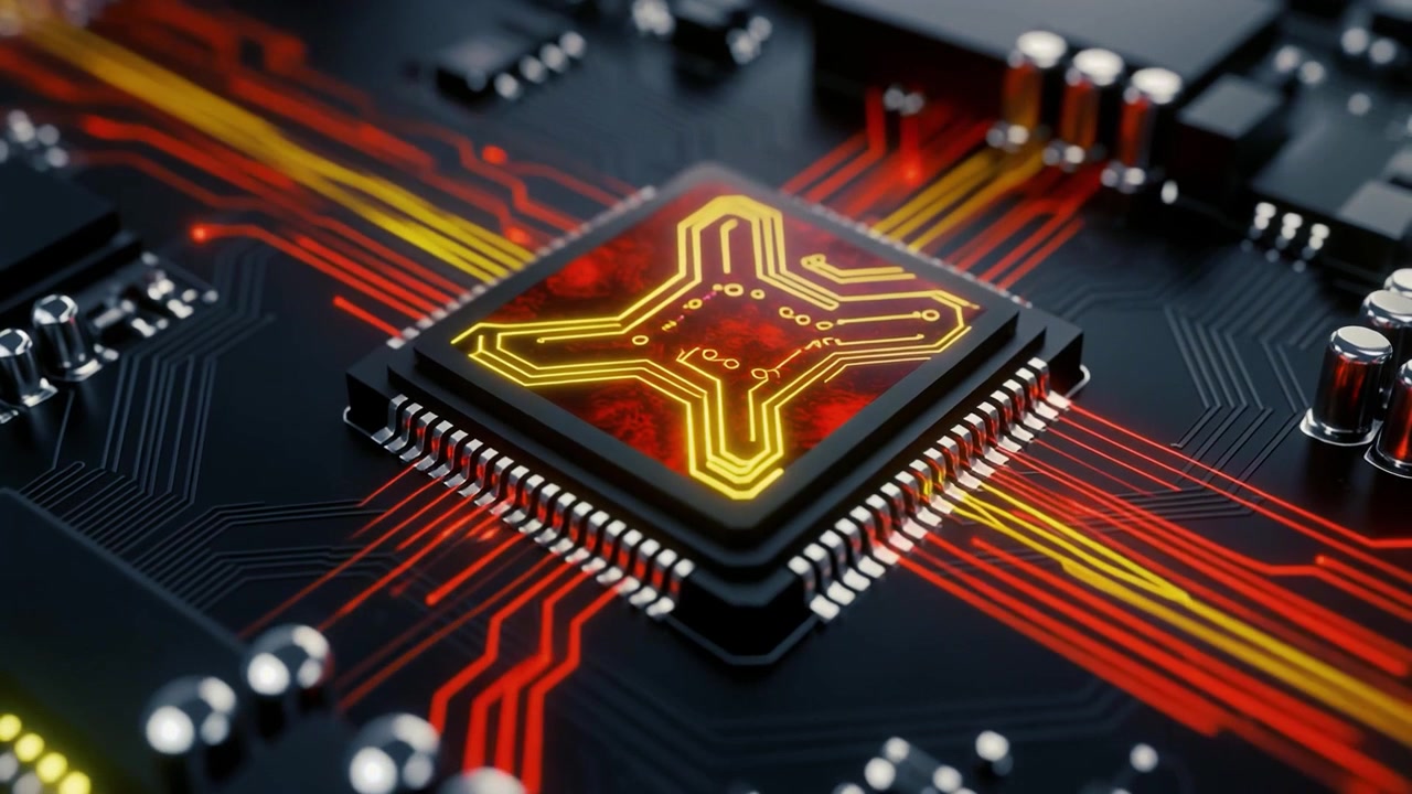 Glødende mikrochip der behandler data på et printkort