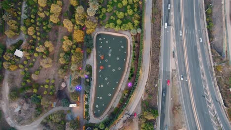 Aerial-Birds-Eye-View-Over-Jardín-Botánico-Histórico-Beside-Autovia-de-Malaga