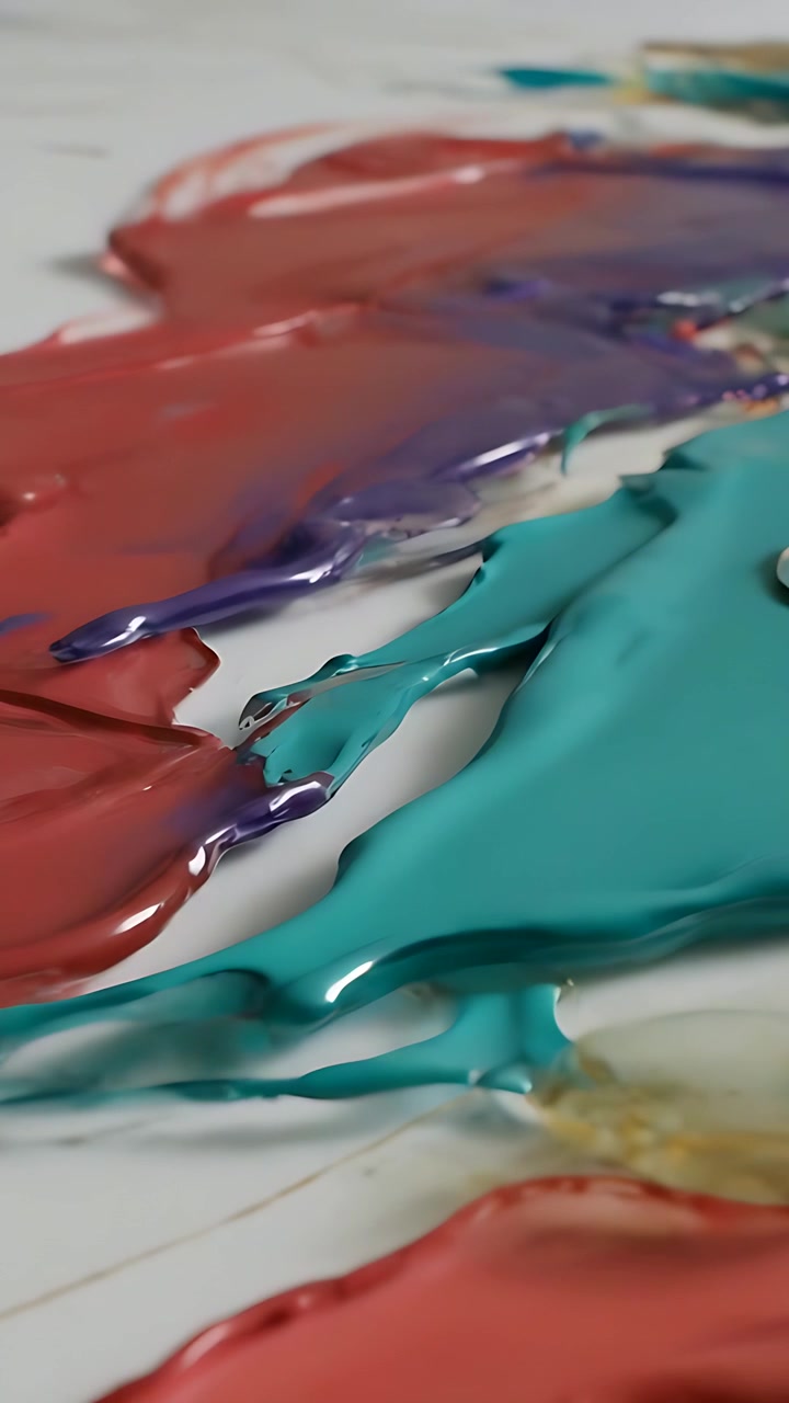 Video verticale: Gocce di vernice che atterrano e si espandono, creando una linea viola su un pannello bianco con pozze verde acqua e rosse.