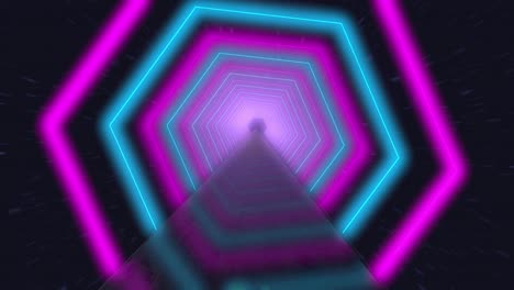 volando a través de hexágonos de neón giratorios brillantes creando un túnel, espectro púrpura rojo azul, luz ultravioleta fluorescente, iluminación moderna de colores, animación en bucle de 4k.