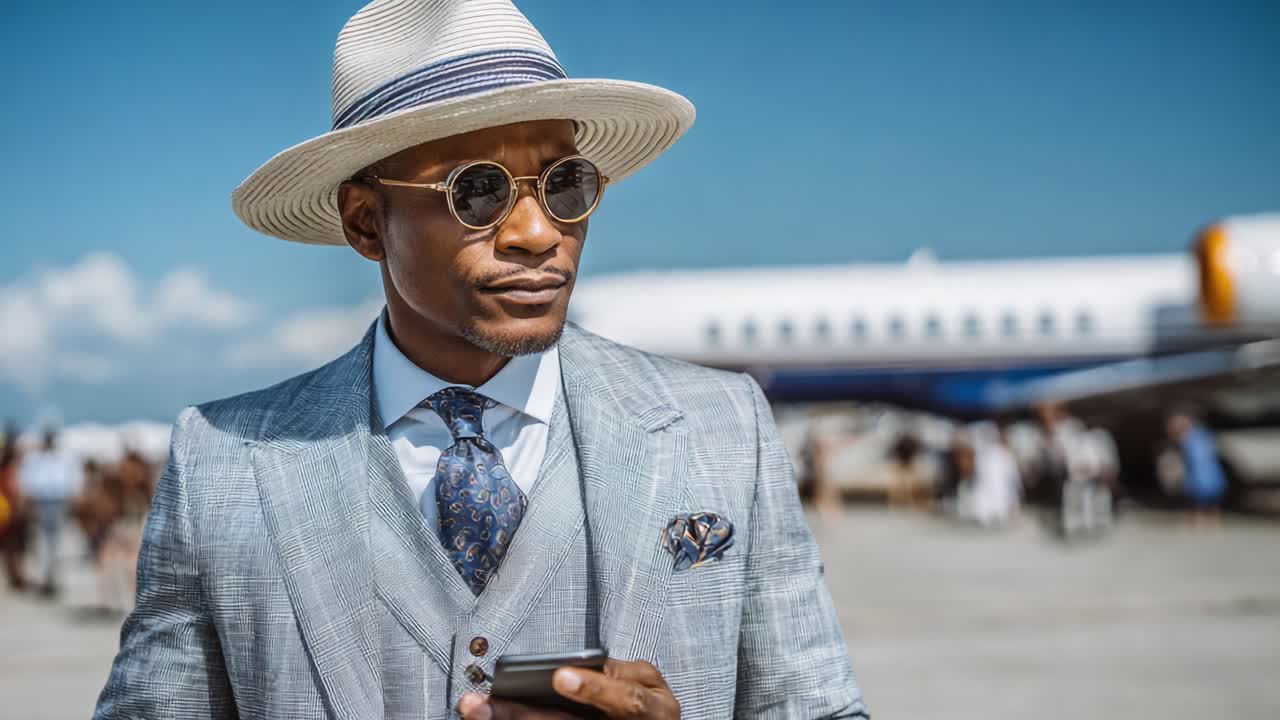 A Stylish Man in Elegant Attire with a Hat and Sunglasses, Holding a Phone at an Airport, Capturing a Moment of Sophistication and Travel Flair