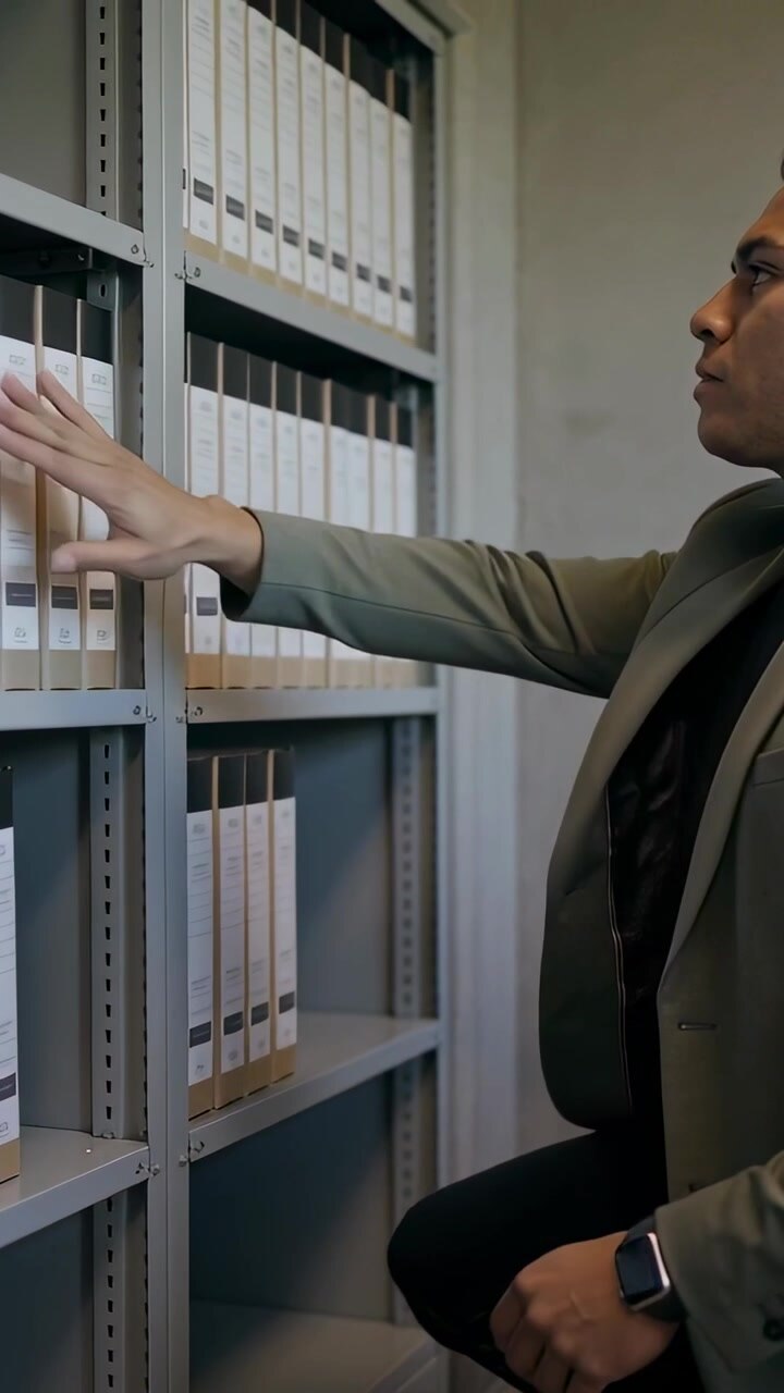 Vertical video: Entering aisle, man in blazer pulling box sorting docs, tidying binders, copy space