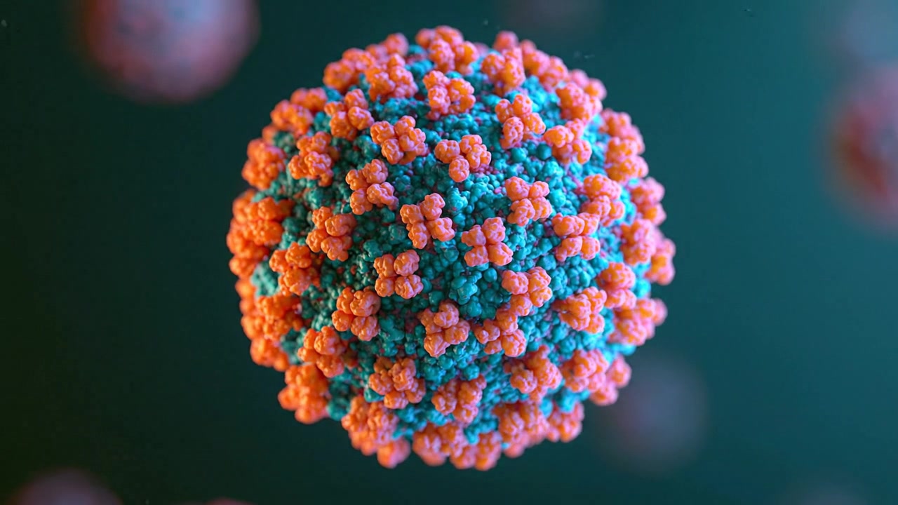 Detailed spherical virus particle rotating against a blurred scientific background