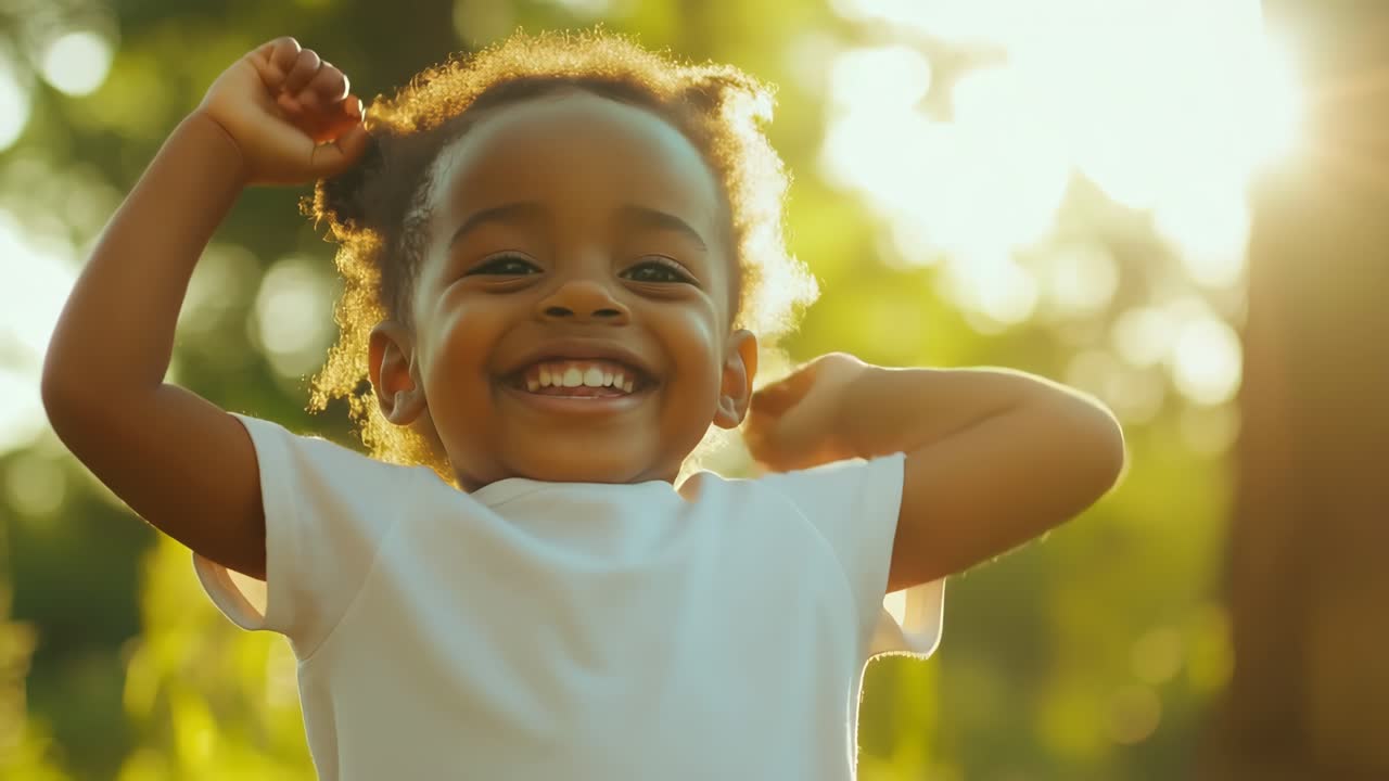 Uma criança alegre sorri em um jardim ensolarado, capturada em close-up, em um ângulo ao nível dos olhos.