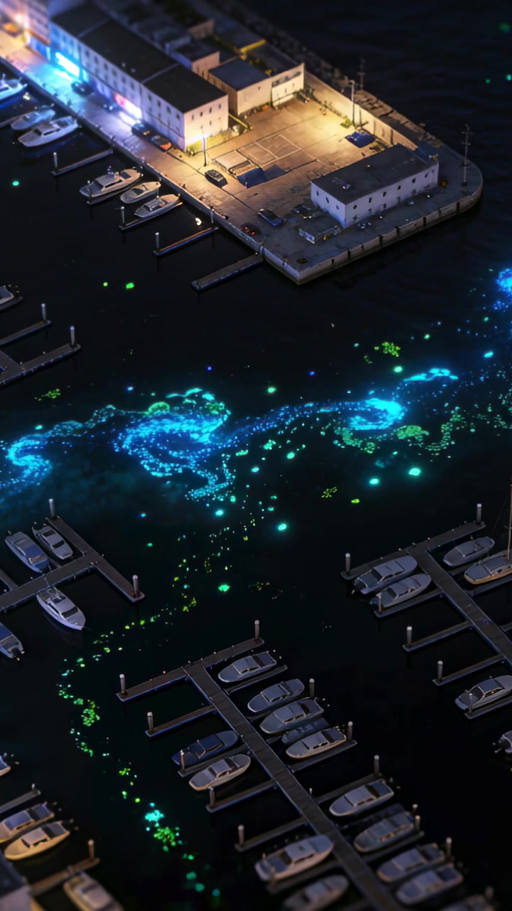 Vertical video: Showing glowing patch appearing and moving left beside lit pier at port with boats