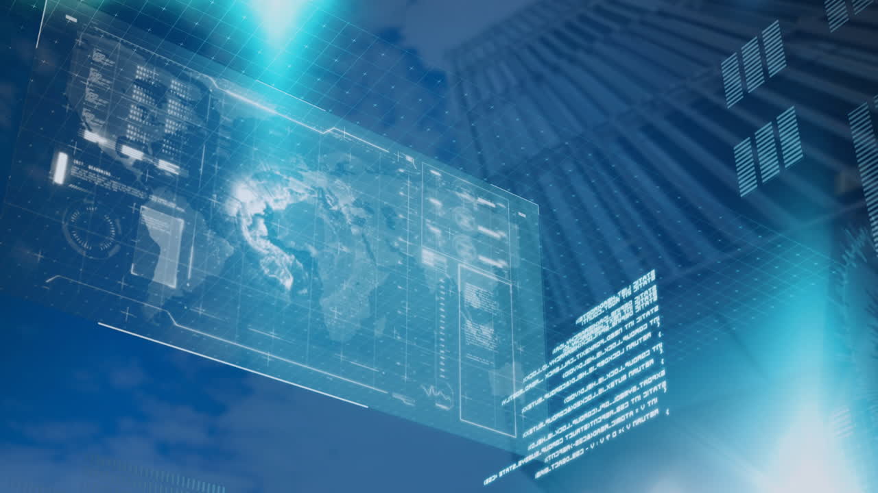 파란빛 스의 애니메이션과 데이터 처리에 대한 인터페이스, 높은 건물의 낮은 각도 뷰