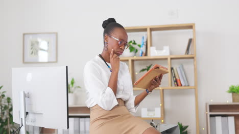 Business woman, tablet and thinking in office