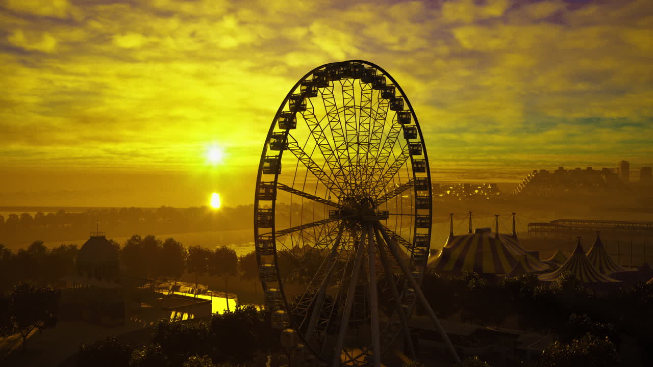 Ferris wheel silhouette against a vibrant sunset at a carnival