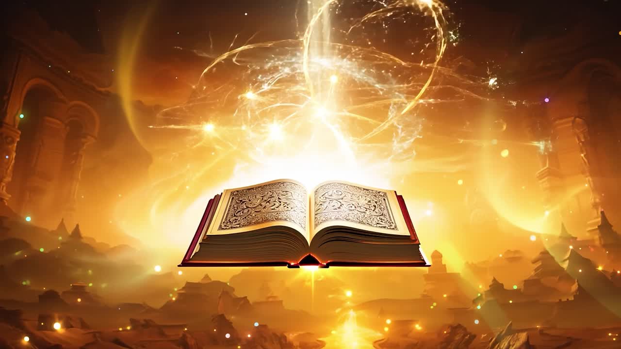 el viejo libro mágico emerge de la oscuridad, brillando con luz contra un fondo oscuro, evocando una sensación de misterio y maravilla.