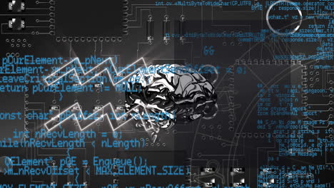 animation of rotating brain over shapes, integrated circuit and data processing