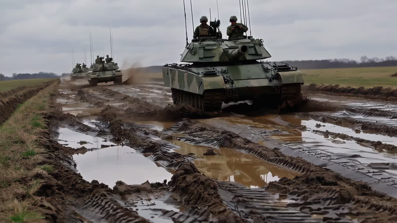 Military Tanks Driving Through Mud