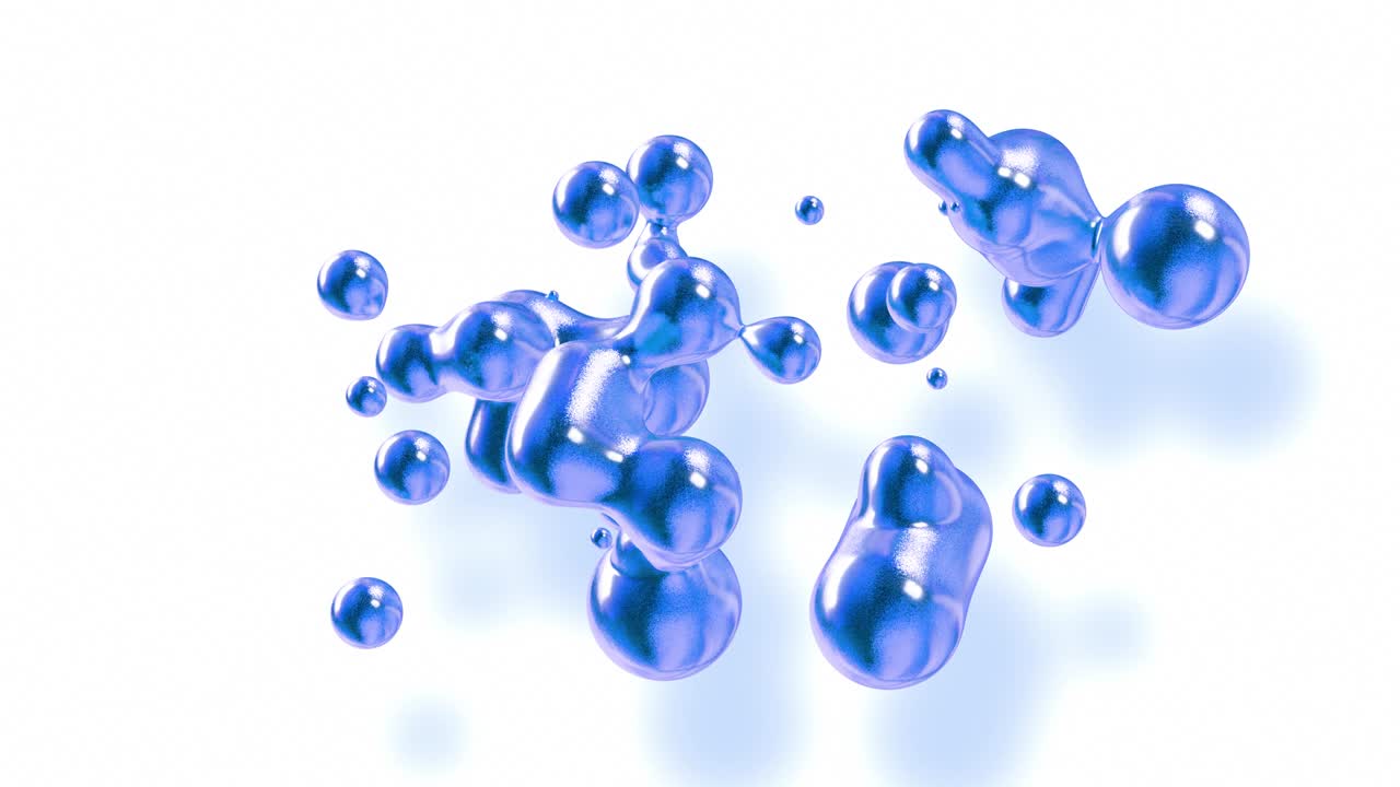 마치 유리 방울이나 파란 빛으로 가득 찬 구가 융합되고 어지는 것처럼 메타볼의 추상적인 배경은 4k에서 순환적으로 움직입니다.