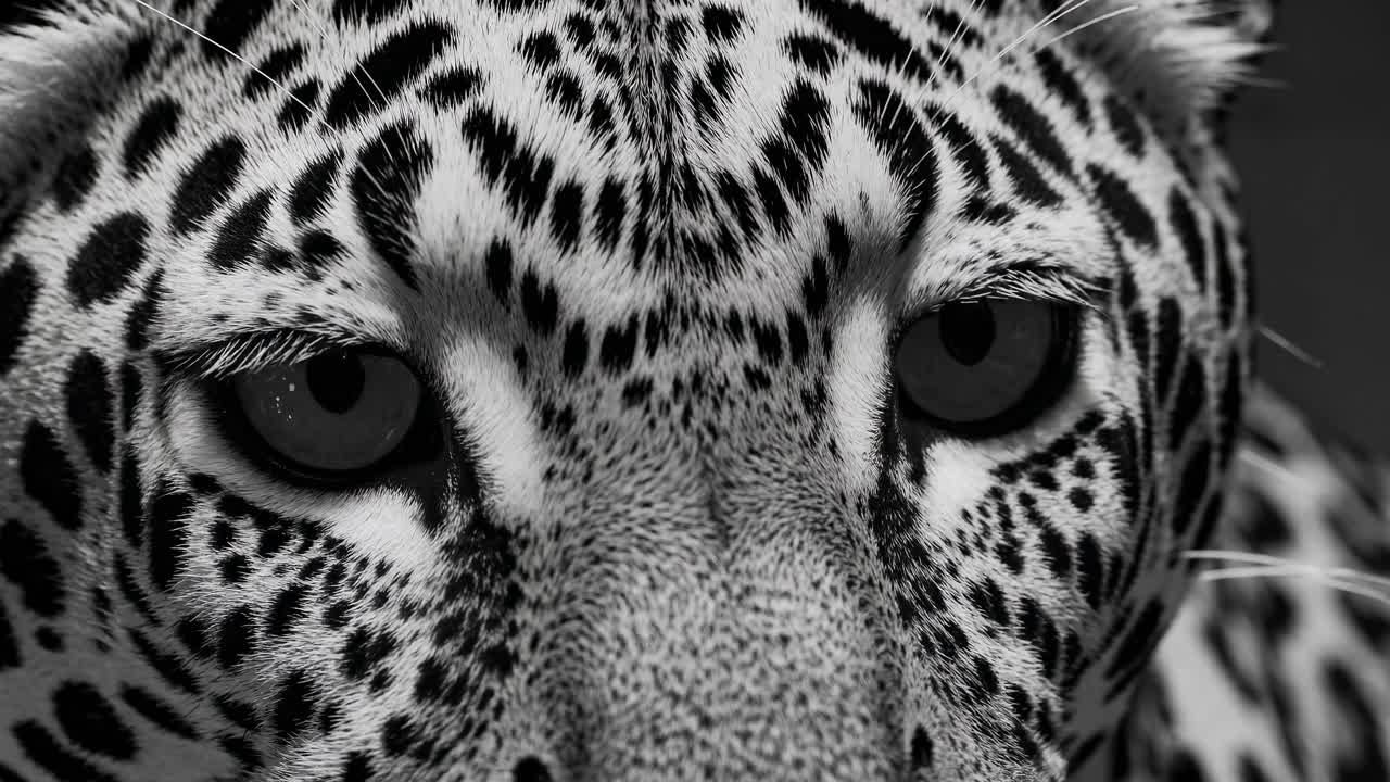 The video captures a leopard's intense gaze in striking black and white, emphasizing its detailed