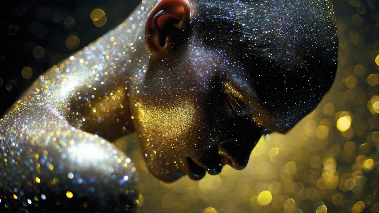 A captivating transformation unfolds as a model adorned with shimmering glitter portrays an ethereal glow, captivating the viewer with intricate details and luminous textures, radiating beauty and enchantment