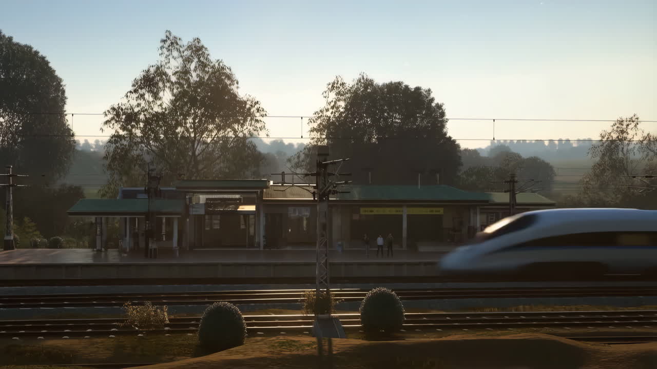 A high-speed train passes by a station on a sunny day