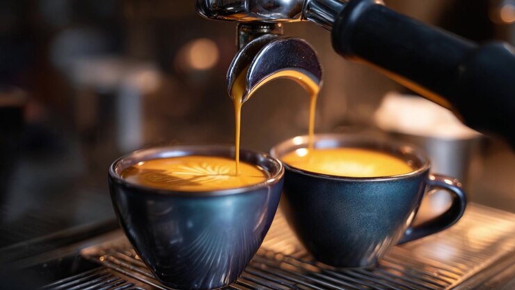 Due tazze di caffè espresso in preparazione: un primo piano dell'estrazione perfetta da una macchina da caffè con crema vellutata e disegni artistici in un'illuminazione soffusa.
