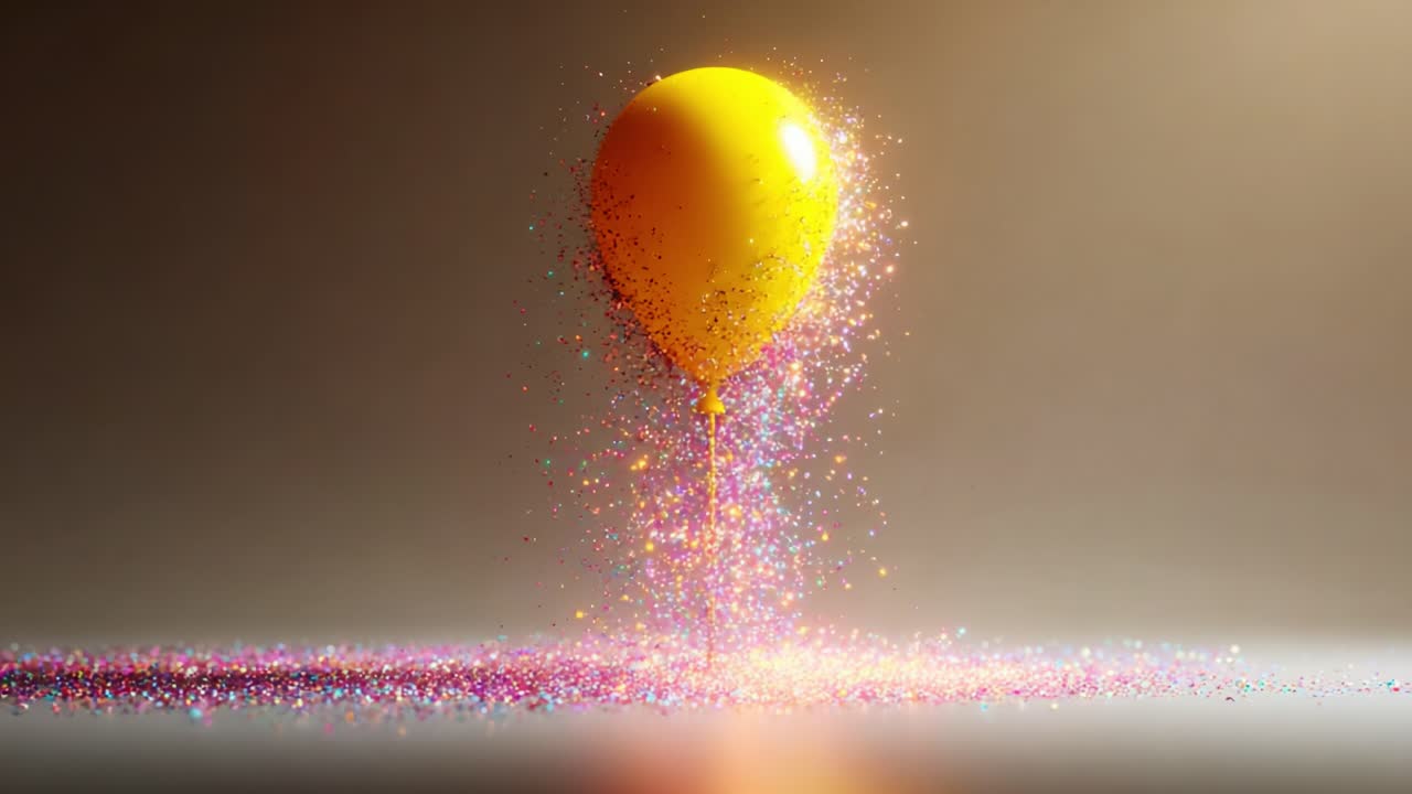 A Stunning Yellow Balloon Surrounded by a Shower of Multicolored Glitter Sparkling on a Smooth Surface, Creating a Dazzling Visual Experience of Joy and Celebration