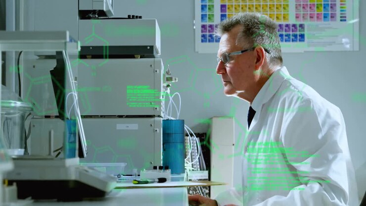 Animation of data processing and chemical formula over caucasian male scientist using computer