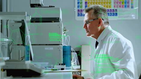 animation of data processing and chemical formula over caucasian male scientist using computer