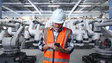 ingeniero usando un teléfono inteligente en una fábrica con brazos robóticos