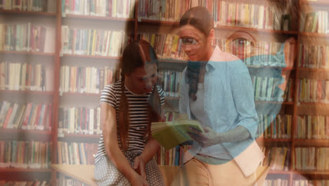 woman in face mask against female teacher teaching student in library