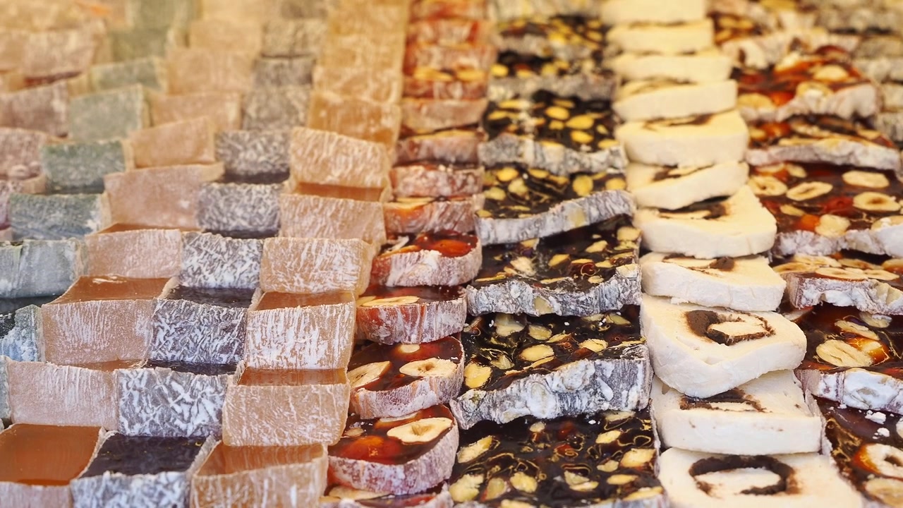 Close-up of Delicious Turkish Delight with Hazelnuts and Pistachios