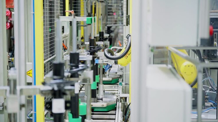 High Precision Yellow Robot Arm sticks stickers on final products - car shock absorbers in production line