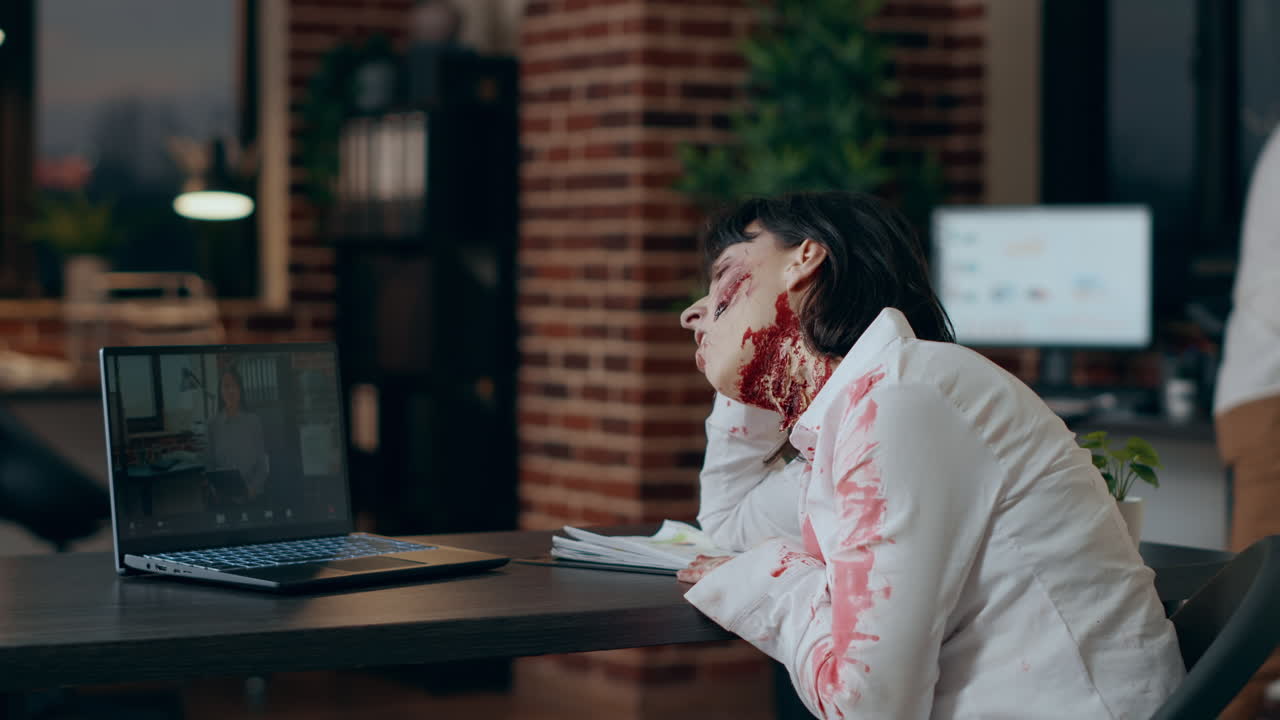 Creepy angry zombie in online video conference with asian colleague