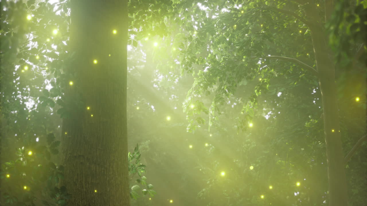 Glowing fireflies illuminate a serene forest during twilight hours