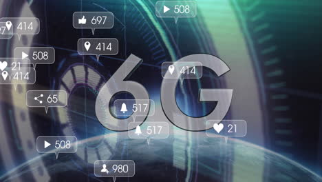 animación de texto 6g, iconos de redes sociales y procesamiento de datos