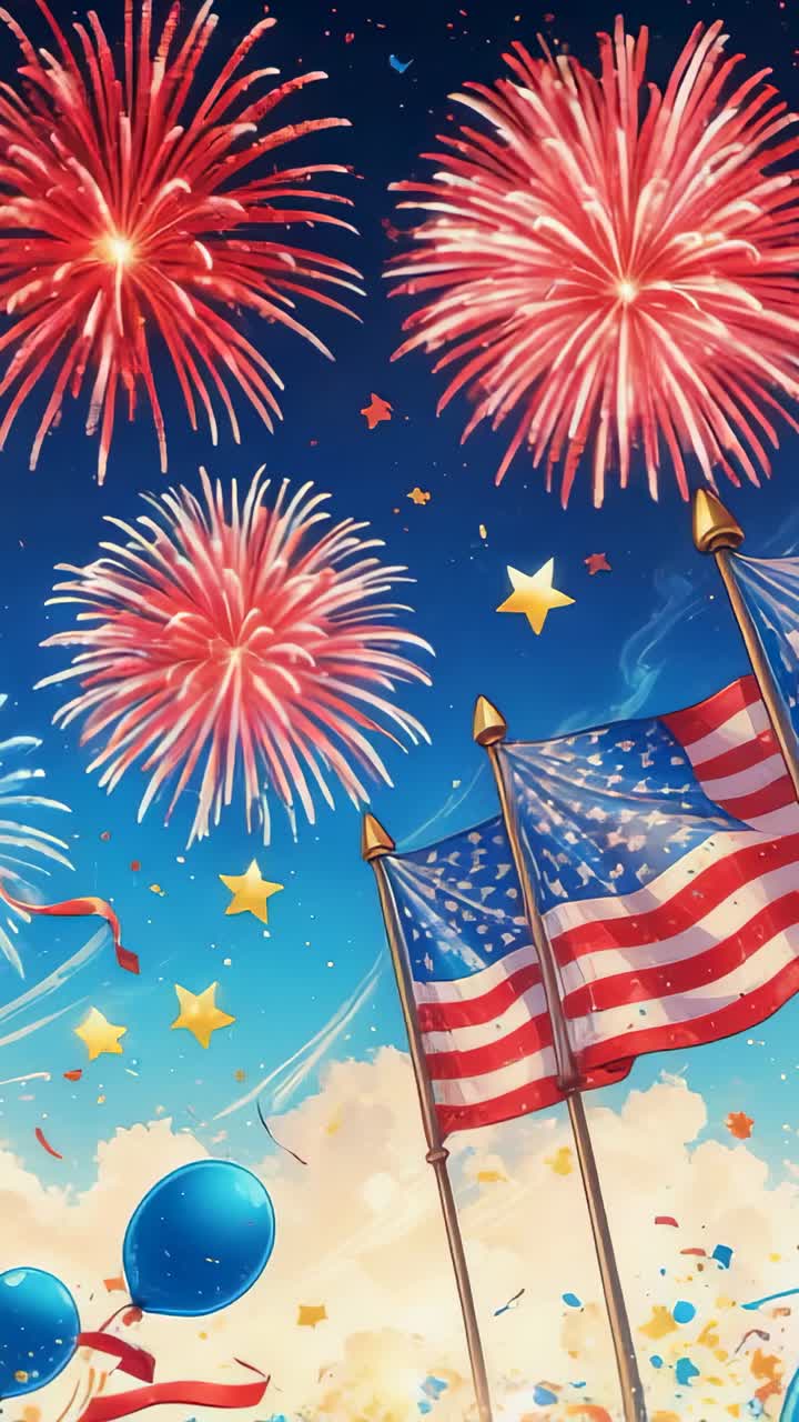 Vertical video: Firing fireworks bursts lighting festival sky with waving flags falling confetti