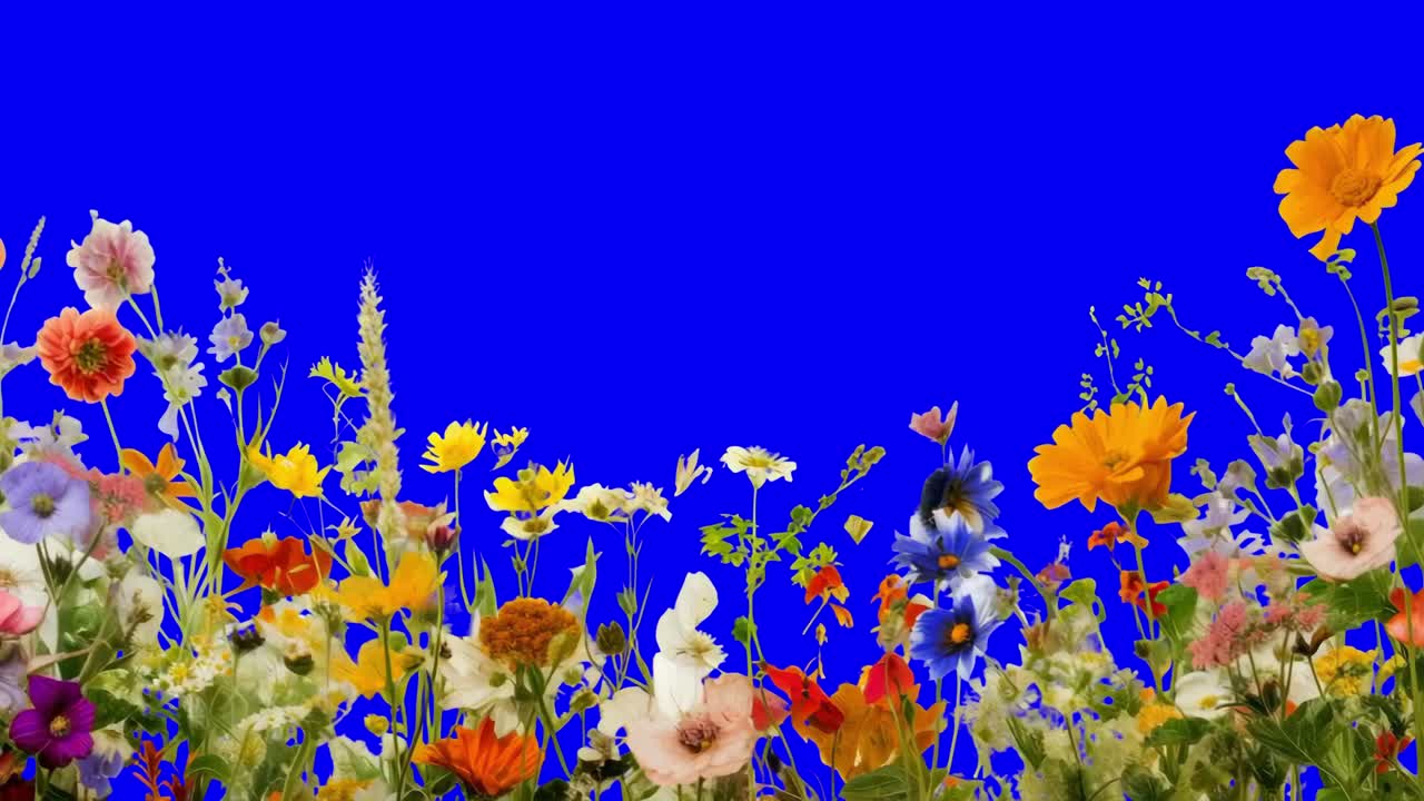 Vibrant wildflowers animation, transparent 4K video, green screen