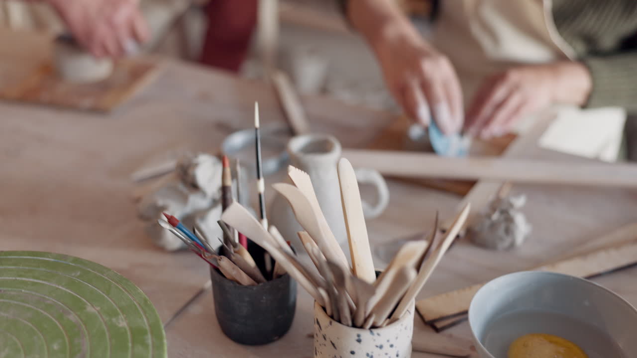 Pottery, woman and make clay mold in creative