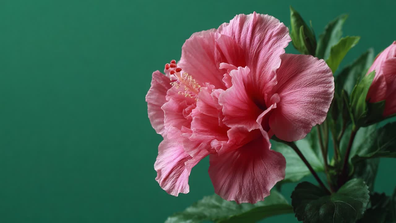 Cautivadora flor de hibisco rosa con un exuberante fondo verde, mostrando sus intrincados pétalos y vibrante coloración con un detalle impresionante.